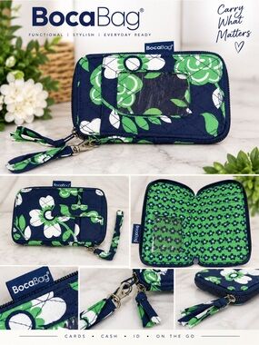 BocaBag Navy, Green & White Floral Wristlet Phone Case with ID Window